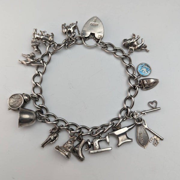 British vintage sterling silver charm bracelet 45g